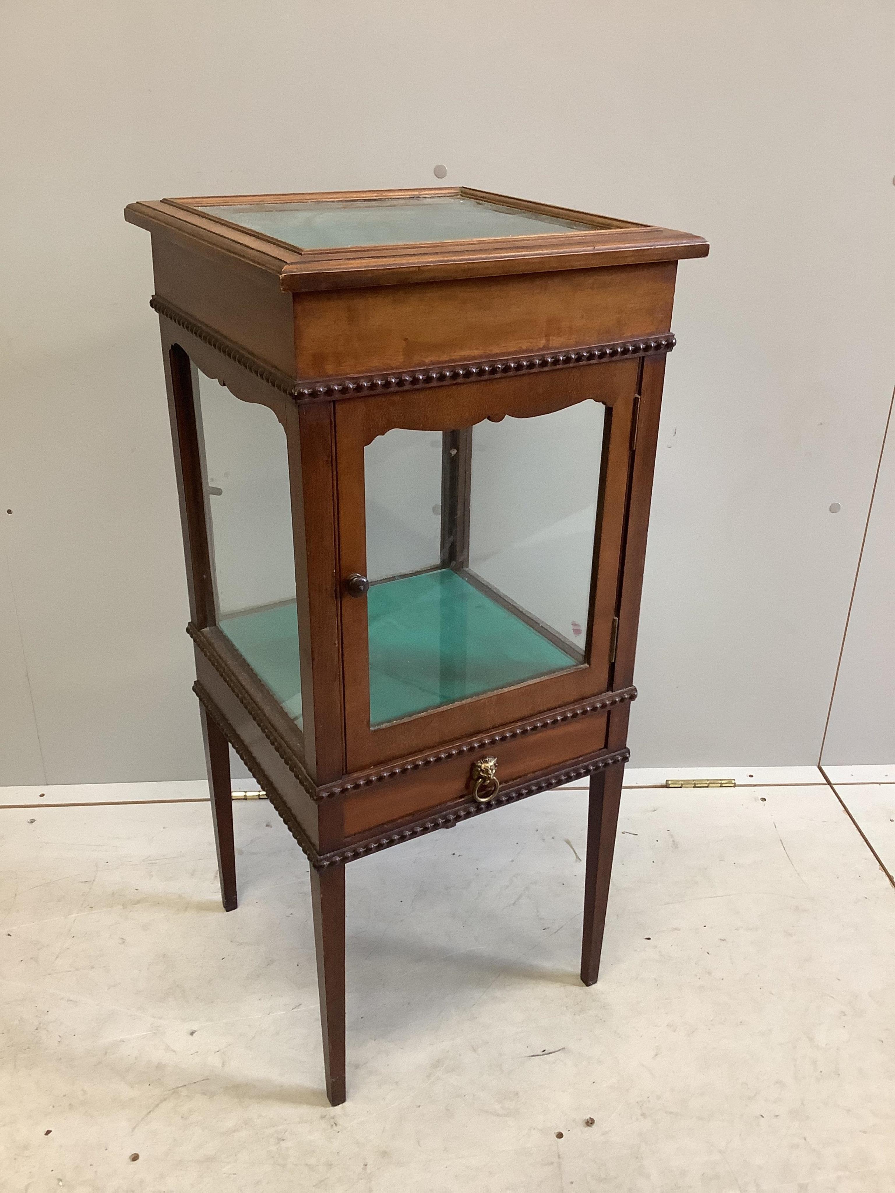 An Edwardian mahogany bijouterie cabinet, width 40cm, depth 39cm, height 88cm. Condition - fair to good